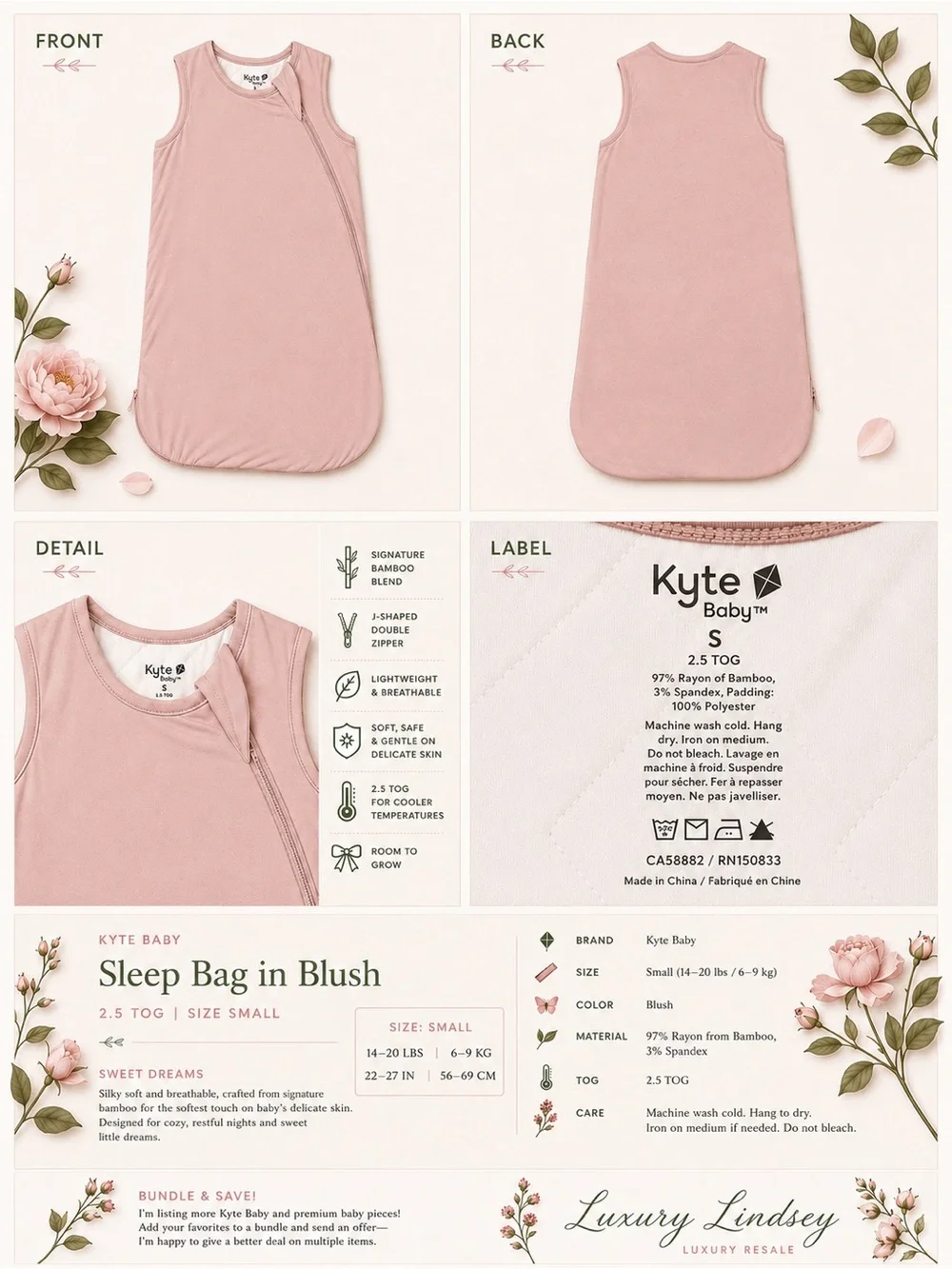 Kyte BABY Bamboo Sleep Bag — Blush | 2.5 TOG | Small